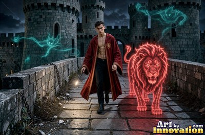 A shirtless young man in a scarlet robe walks beside a red light lion on a castle bridge