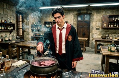 In a stone classroom, a young man in dark robes stirs a smoking cauldron