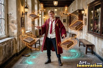 Holding a wand, a young man in a bright red robe floats books and candles in a stone hall