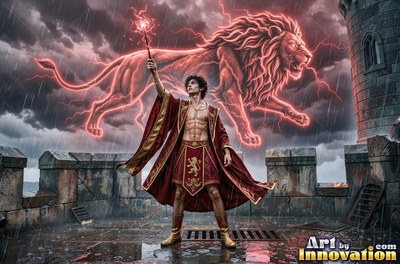 A man in red robes raises a wand beneath a red lion