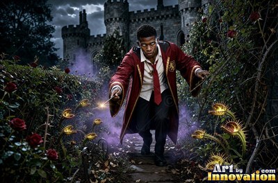 Wearing a red robe and red tie, a young man carries a lit wand in a dark garden by a castle