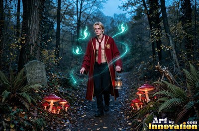A blond man walks down a dark path holding a lantern under trails of bright blue light