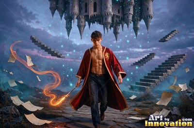 Walking forward under a floating castle, a young man wears an unbuttoned scarlet robe with a wand