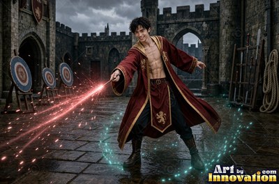 A smiling young man in unfastened red robes points his wand in a stone courtyard