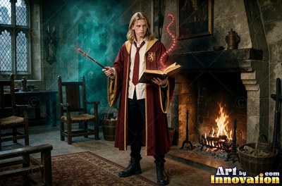 Holding an open book, a blond man in a red robe casts magic near a stone fireplace