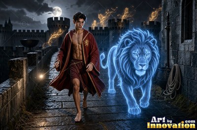 A barefoot man in red robes walks beside a bright blue lion