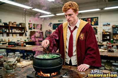 Wearing a red tie in a classroom, a red-haired man stirs a black cauldron making pink smoke