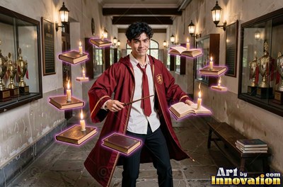 A young man points a wand to float books with candles in a bright hall