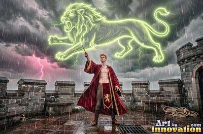 Standing on a castle roof in the rain, a man raises a wand beneath a lion outline
