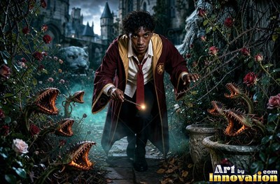 A young man in red robes points a lit wand past snapping plant traps by the walls of a castle