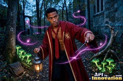 In a dark forest, an open-robed man holds a lantern and casts purple magic