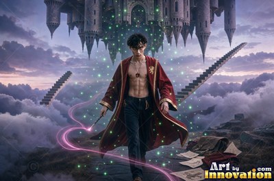 Walking in clouds, a shirtless young man in an unfastened scarlet robe holds a sparkler wand