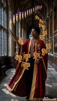 A man in a bright red robe uses a wand to cast small gold lions