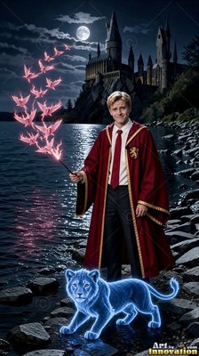 A red and gold robe covers a smiling man by a dark lake as he casts birds from his wand above a blue lion cub