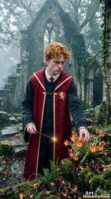 A young man in red robes points his wand at orange flowers in gray mist