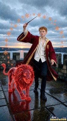 Walking forward on a castle roof, a young man raises a wand beside a red lion
