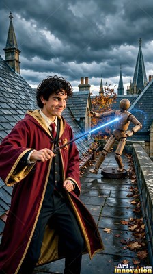 A smiling young man in a bright red robe points a wand at a wooden dummy on a rooftop