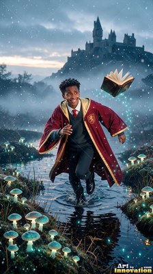 In a misty stream, a young man in a red wizard robe runs toward a floating book