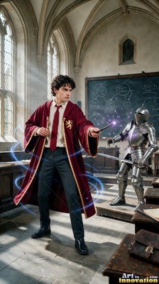 Pointing his wand, a young man in a red robe faces a suit of armor inside a stone classroom
