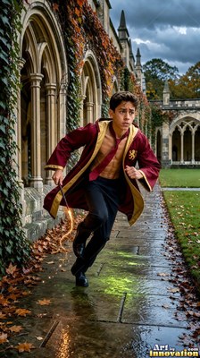 A man in a bright red robe runs down a stone walkway with a wand