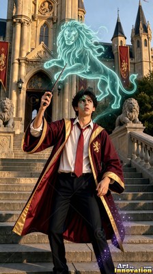 In a gold-trimmed maroon robe on castle steps, a man raises his wand toward a pale blue lion