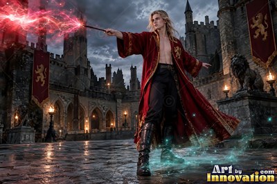 A blond man casts red sparks from a wand in a castle courtyard at dusk