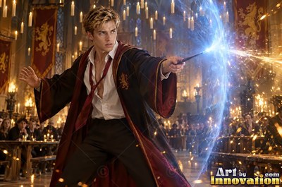 Standing in a castle hall, a blond man casts bright blue light from his wand