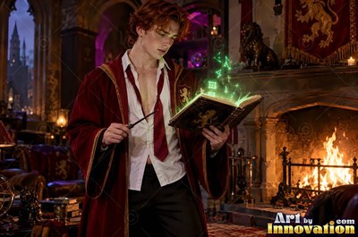A young man in red robes holds a wand and reads a book by the fireplace