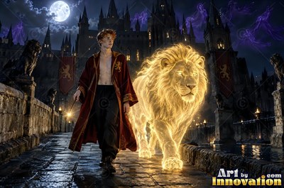 On a castle bridge at night, a young man walks beside a bright golden lion