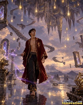 Walking barefoot in a red robe, a young man casts purple magic under floating spires