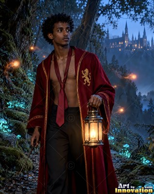 A young man holds a lantern in the woods at night