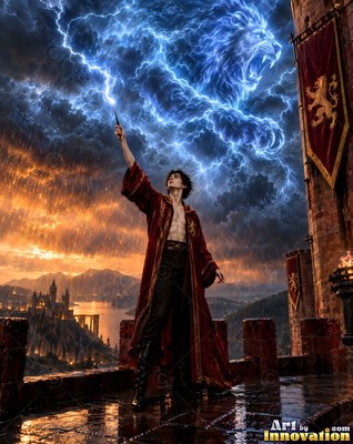 Open red robe worn by a man raising a wand on a wet castle balcony under a storm lion