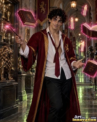 A young man wearing an unbuttoned deep red robe points his wand to float books with pink light around them