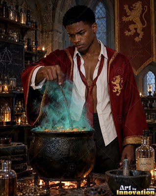 Leaning forward in a stone lab, a man stirs green smoke from a black cauldron