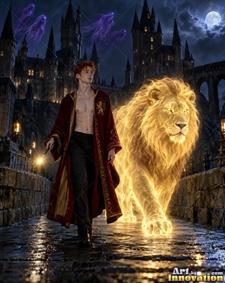 A shirtless man in a bright red robe walks beside a bright gold lion on a stone bridge at night