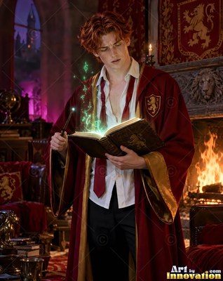By a fireplace, a red-haired man in robes reads an open book shining with green light