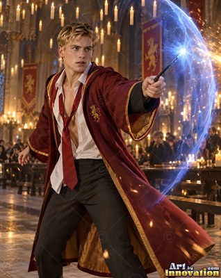 Casting a spell with his wand, a blond man wears an open deep red robe in a great hall