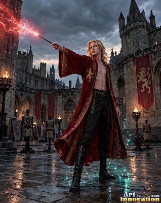 A blond man in a scarlet robe casts red sparks from a wand in a castle yard
