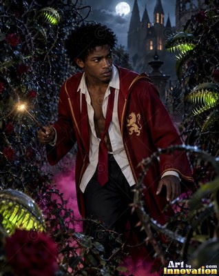 In an unbuttoned white shirt, a young man creeps through thorny vines outside a castle at night