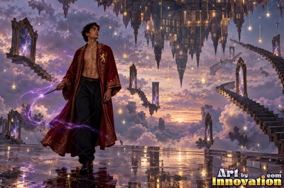 A young man walks with a wand in a bright red robe under pink twilight clouds