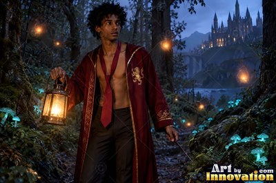 Standing in a dark forest, a young man in an unzipped red robe holds a lantern