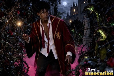 A man in a red robe holds a lit wand while walking through thorny vines at night