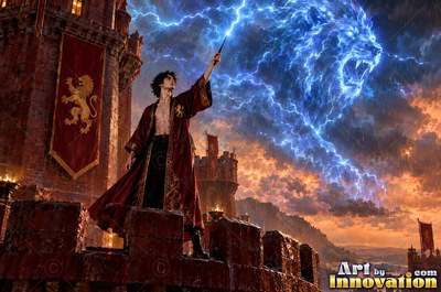 On a castle wall, a young man raises a wand to summon a blue lightning lion