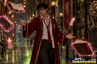 Holding a wand, a young man in a red robe floats open books in a castle hall