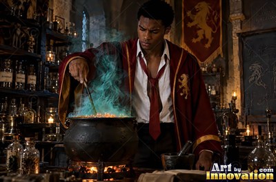A young man in red robes stirs green smoke in a dark cauldron