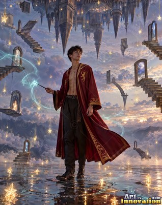His parted red robe flows as a man stands with a wand in a twilight sky of floating stone staircases