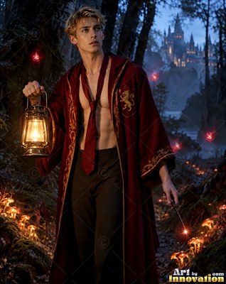 A young man in an unzipped scarlet robe holds a lantern in the woods lit by warm yellow light