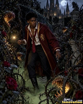 Creeping forward through a thorny garden, a young man holds up his wand in the dark