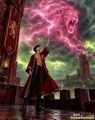 A young man wearing an unfastened red cloak casts pink lightning from his wand to make a lion in the sky
