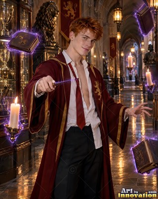 In a castle hallway, a young red-haired man points a wand to float books
